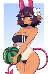 1girls black_hair choker female female_only flower_in_hair gris_swimsuit heart-shaped_pupils hi_res horns j5daigada looking_at_viewer oni oni_horns pink_eyes pointy_ears selene_(daigada) smiling smiling_at_viewer solo swimsuit tail tan_body tanline thick_thighs watermelon wide_hips