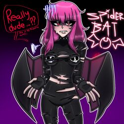 artist_self-insert artist_signature cute_deth cute_deth(artist) cute_deth(character) english_text exposed_bra looking_at_viewer marvel oc original_character pink_hair red_eyes ripped_clothing self_insert spider-man:_into_the_spider-verse spider_bat(cute_deth) spidersona spiked_bracelet spiked_collar