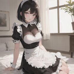 1girls ai_generated bed bedroom black_hair french_maid grey_eyes looking_at_viewer maid maid_dress maid_headdress maid_uniform medium_breasts nemus_waifu_generator on_bed painting pooplool short_hair sitting_on_bed slight_blush solo tagme white_sheets