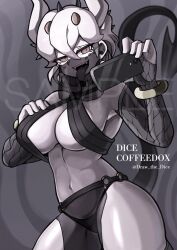 beelzebub_(helltaker) bracelet demon demon_girl demon_horns demon_tail dice_coffeedox draw_the_dice earrings helltaker large_breasts lingerie panties phone seductive_eyes seductive_smile tail tongue_out veil watermark