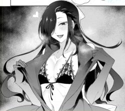 1boy black_and_white black_bra black_hair femboy hair_over_one_eye long_hair natsuki_subaru natsumi_schwarz re:zero_kara_hajimeru_isekai_seikatsu smiling_at_viewer solo solo_focus solo_male underwear undressing