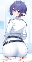 absurdres aoi_(blue_archive) arona's_sensei_doodle_(blue_archive) ass ass_focus belt blue_archive blush earclip female general_student_council_(blue_archive) halo highres huge_ass jacket looking_at_viewer looking_back loose_belt mole mole_under_eye nassss pointy_ears purple_hair ribbed_skirt sensei_(blue_archive) sitting skirt solo white_jacket white_skirt