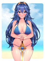 1girls alternate_breast_size ass_visible_through_thighs beach bikini blue_bikini blue_eyes blue_hair blue_sky_background blush cleavage commission cute falchion_(fire_emblem) female female_only fire_emblem fire_emblem_awakening hair_between_eyes large_breasts long_hair lucina_(fire_emblem) nintendo ocean outdoors smile solo sugarbell swimsuit sword thighs weapon