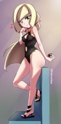 1girls 2022 areolae ass black_swimsuit blonde_hair blush breasts erect_nipples feet female female_only footwear full_body game_freak green_eyes hair heart legs long_hair lusamine_(pokemon) mature_female mature_woman milf mother nipples nipples_visible_through_clothing pabsmikan pokeball pokemon pokemon_sm side_view solo solo_female swimsuit swimwear thighs