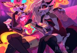 2demons 2girls 4_arms bug_wings claws drink earrings embarrassed fangs fennec_ears fennec_girl fingerless_gloves furry furry_female hellhound helluva_boss long_hair loona_(helluva_boss) navel open_mouth queen_bee-lzebub_(helluva_boss) red_dress red_eyes red_sclera skeleion teeth tongue white_eyes wolf wolf_ears wolf_girl wolf_tail yellow_sclera yuri