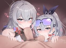 1boy 2girls :>= absurdres ball_sucking bronya_rand collaborative_fellatio cooperative_fellatio earrings erection fellatio ffm_threesome goggles goggles_on_head grey_hair group_sex hair_between_eyes heart highres honkai:_star_rail honkai_(series) jewelry kisa_(leg3043) large_penis light-skinned_female light-skinned_male light_skin long_hair looking_at_viewer male_pubic_hair multiple_girls oral penis ponytail pov pubic_hair silver_wolf_(honkai:_star_rail) straight stray_pubic_hair sucking_testicles testicles threesome veins veiny_penis