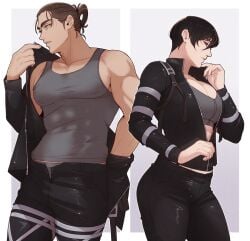 1boy1girl athletic athletic_female attack_on_titan big_breasts black_legwear curvy eren_jaeger hanpetos huge_breasts male/female mikasa_ackerman muscular muscular_male tank_top tanktop undressing voluptuous