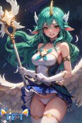 ai_generated blush female gloves green_eyes green_hair horn league_of_legends panties skirt_lift soraka staff star_guardian_series star_guardian_soraka thighhighs touchfluffytails wings