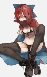 bikini black_bikini black_footwear blue_bow boots bow cape hair_between_eyes hair_bow micro_bikini red_cape red_eyes red_hair safutsuguon sekibanki short_hair sitting swimsuit tagme thighhighs touhou