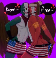 2boys blush boxers chullo clothing countryhumans english_text heart male male_only markings melix214 mexico_(countryhumans) muscular muscular_male national_personification peru_(countryhumans) purple_background simple_background text