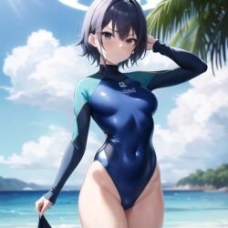 1girls ai_generated beach blue_archive blue_hair bobcut female nemus_waifu_generator one_piece_swimsuit pooplool rabbit_squad_(blue_archive) saki_(blue_archive) short_hair solo srt_special_academy_student swimsuit swimwear tagme