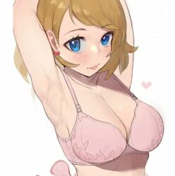 armpits arms_above_head arms_up big_breasts bob_cut bra cleavage gatchan lowres naked_female pink_bra pokemon serena_(pokemon) tagme tongue_out wakipai watercolor