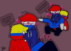 2boys anal anal_sex anal_sex blue_body blue_skin blush clothing colombia_(countryhumans) countryhumans heart male male_only national_personification no_pupils paraguay_(countryhumans) red_body red_skin simple_background spanish_text text white_eyes yaoi