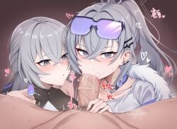 1boy 2girls :>= absurdres bronya_rand collaborative_fellatio cooperative_fellatio earrings erection eyewear_on_head fellatio ffm_threesome goggles goggles_on_head grey_hair group_sex hair_between_eyes heart highres honkai:_star_rail honkai_(series) jewelry kisa_(leg3043) large_penis light-skinned_female light-skinned_male light_skin long_hair looking_at_another looking_at_viewer male_pubic_hair multiple_girls oral penis ponytail pov pubic_hair silver_wolf_(honkai:_star_rail) straight stray_pubic_hair sunglasses_on_head teamwork threesome tongue tongue_out veins veiny_penis