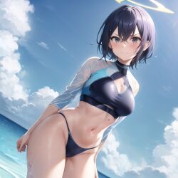 1girls ai_generated beach belly_button bellybutton blue_archive blue_eyes blue_sky blue_swimsuit blue_water clouds daytime exposed_belly exposed_belly_button exposed_navel exposed_stomach halo looking_at_viewer midriff nemus_waifu_generator ocean official_alternate_costume outdoors pooplool purple_hair rabbit_squad_(blue_archive) saki_(blue_archive) saki_(swimsuit)_(blue_archive) sea short_hair sky slight_blush slim_girl srt_special_academy_student sunny sunny_day swimsuit tagme thighs thin_female water wet