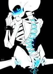 animated_skeleton black_background blue_blush blue_eyes blush bound_wrists handcuffed handcuffs heart_eyes heki_(artist) looking_at_viewer miss60250 naked nude sacrum_lacing sans sans_(undertale) skeleton solo sweat undead undertail undertale undertale_(series)