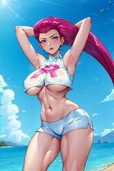 1girls ai_generated blue_eyes breasts female flyingpancake huge_breasts jessie_(pokemon) light-skinned_female light_skin long_hair nintendo outdoors pokemon pokemon_(anime) red_hair stable_diffusion team_rocket thighs