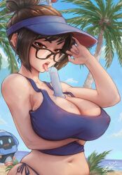 1girls beach big_breasts blizzard_entertainment cleavage eyewear female female_only glasses huge_breasts mei_(overwatch) nipple_bulge overwatch pappaserho popsicle