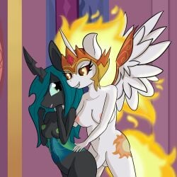 2019 5_fingers alicorn anal anal_sex anthro anthro_on_anthro anthro_penetrated anthro_penetrating anthro_penetrating_anthro areola armor arthropod balls big_breasts breasts changeling crown cutie_mark dark_persona daybreaker_(mlp) digital_media_(artwork) duo equid equine eyelashes feathered_wings feathers female female_penetrated fingers fire flaming_hair flaming_tail friendship_is_magic genitals green_areola green_eyes green_hair green_nipples green_sclera gynomorph gynomorph/female gynomorph_penetrating gynomorph_penetrating_female hair hasbro headgear hi_res horn intersex intersex/female intersex_penetrating intersex_penetrating_female long_hair long_horn mammal my_little_pony navel nipples penetration pink_areola pink_nipples princess_celestia_(mlp) pseudo_hair queen_chrysalis_(mlp) red_sclera sex sharp_teeth tail teeth tjpones white_body white_feathers wings yellow_eyes