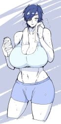 1girls belly belly_button big_breasts breasts breasts_bigger_than_head chainsaw_man female female_focus female_only hair_over_one_eye himeno_(chainsaw_man) hourglass_figure huge_breasts large_breasts resting romo_(samesameyeah) samesameyeah short_hair shorts solo solo_female solo_focus sweat sweating sweaty sweaty_body tank_top thighs thin_waist towel_around_neck