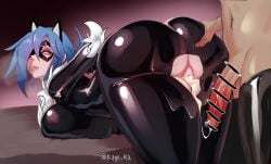 1boy 1boy1girl 1girls ass_grab big_ass big_breasts big_butt black_cat_(cosplay) cum cum_in_pussy cum_inside curvaceous curvy curvy_body curvy_female curvy_figure dat_ass fake_cat_ears fur_trim huge_breasts kayo_kz lab_zero_games latex latex_bodysuit latex_clothing latex_gloves latex_suit male/female marvel mask masked masked_female medium_hair original_character penetration ponytail skullgirls slim_male thick_thighs tied_hands valentine_(skullgirls) wrists_tied