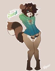 absurd_res anthro barefoot blue_eyes bottomless brown_hair clothed clothing feet female fur genitals hair hi_res hybrid looking_at_viewer magenta_(artist) mammal murid murine naomi_(mightypoohead) procyonid pussy raccoon shirt shirt_only simple_background smile solo tail text topwear topwear_only whiskers