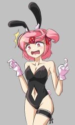 1female 1girls 5_fingers bare_shoulders blush blush_lines blushing breasts bunny_ears bunny_suit bunnysuit cleavage doki_doki_literature_club fang female female_only girl girl_only gloves human_focus human_solo natsuki_(doki_doki_literature_club) navel navel_cutout oerba_yun_fang only_female pink_eyes pink_hair sirdusterbuster solo solo_female solo_focus solo_human thighs white_gloves