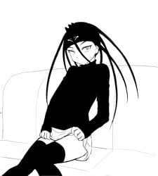 00s 1boy androgynous black_hair crossdressing envy_(fma) femboy fullmetal_alchemist headband hiroshi_(kitaro) homunculus long_hair male male_only monochrome otoko_no_ko sitting skirt slit_pupils solo sweater thighhighs trap