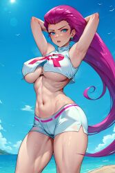 1girls ai_generated blue_eyes breasts female flyingpancake huge_breasts jessie_(pokemon) light-skinned_female light_skin long_hair nintendo outdoors pokemon pokemon_(anime) red_hair stable_diffusion team_rocket thighs