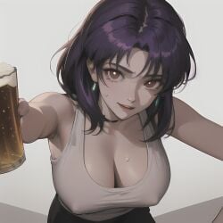 1girls ai_generated alcohol armpits bangs bare_arms bare_shoulders beer beer_mug black_hair black_pants breasts brown_eyes cleavage collarbone covered_nipples cup earrings female from_above grey_background holding holding_cup jewelry katsuprime large_breasts leaning_forward looking_at_viewer medium_hair misato_katsuragi mug neon_genesis_evangelion no_bra open_mouth pants parted_bangs parted_lips purple_hair shirt short_hair simple_background sleeveless smile solo stable_diffusion sweat tank_top white_shirt white_tank_top