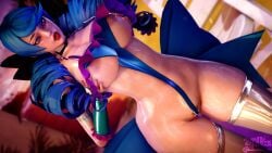 3d big_ass big_breasts bikini blue_eyes blue_hair cum cum_on_body cum_on_breasts cum_on_face grabbing grabbing_breasts gwen_(league_of_legends) league_of_legends nillin_(artist) wet wet_pussy