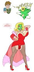 1boy blonde_hair bulge diggerman drag_queen fake_breasts feminization green_face jewelry male male_only mask padding red_dress red_heels solo stockings tagme the_mask the_mask:_the_animated_series transformation transparent_background