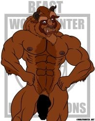 beast_(disney) beauty_and_the_beast cartoony censored_penis disney disney_prince erection furry furry_only male_nipples male_only male_pubic_hair masculine mature_male muscles muscular_male pecs smile smiling smooth_skinned_male solo veiny_penis white_background wolffhunter_art