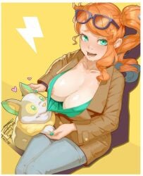 1girls blush female female_focus ictiwinter materclaws nipple_slip nipples_visible_through_clothing orange_hair pokémon_(species) pokemon pokemon_ss pulling_clothing sonia_(pokemon) trenchcoat