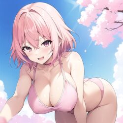 1girls ahe_gao ai_generated big_breasts blue_sky clouds highres outstretched_arms pink_bra pink_eyes pink_hair raised_shoulders shading short_hair smile solo solo_female tree