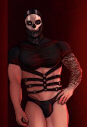 1boy bedroom_eyes call_of_duty ghost_(modern_warfare_2) leather leather_clothing leather_straps male male_only marndraws masked masked_male modern_warfare posing red_lighting simon_riley solo solo_male straps tattoos