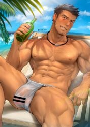 1boy 1male abs alternate_version_available armpit_hair bara beach beach_background beach_chair beer beer_bottle biceps black_hair blue_sky blush blushing bulge bulge_through_clothing censor_bar censored censored_penis chest_hair clenched_teeth earrings facial_hair fundoshi fundoshi_only gay goatee hairy hairy_arms hairy_chest hairy_male hairy_thighs happy_trail hi_res highres holding_object human human_only legs_open looking_at_viewer male male_focus male_only male_pubic_hair mondi_xxx muscles muscular muscular_arms muscular_male muscular_thighs necklace nipples original original_character outdoors outside palm_tree pecs pectorals penis penis_outline pubic_hair range_(mondi_xxx) rokushaku_fundoshi see-through_underwear short_hair sitting six_pack smile smiling smiling_at_viewer solo solo_focus solo_male spread_legs sunlight teeth teeth_clenched teeth_showing twitter_user_oc underwear underwear_only vein veiny_penis wet wet_body wet_fundoshi wet_skin wet_underwear white_fundoshi white_underwear