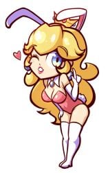 1female 1girls blonde_hair blue_eyes breasts bunny_ears bunny_suit bunny_tail bunnysuit chibi cleavage clothing collar crown female female_only full_body girl headwear heart human human_only leaning_forward long_hair mario_(series) navel one_eye_closed princess_peach simple_background sirdusterbuster solo standing white_background wink