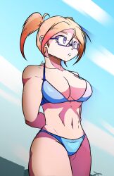 1female 1girls bikini bikini_bottom bikini_top blue_bikini blue_bikini_bottom blue_bikini_top breasts cleavage emeruga female female_only girl girl_only glasses leine_(fruitydalei) navel