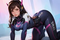 1girls ai_generated ape_loo bodysuit breasts brown_hair d.va female female_only headphones hourglass_figure long_hair on_all_fours overwatch simple_background solo solo_female thick_thighs tight_clothing wide_hips