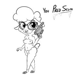 2019 4_fingers anthro bovid breasts caprine cloven_hooves dawn_bellwether dialogue disney eyewear female fingers fur glasses greyscale gun holding_object holding_weapon hooved_fingers hooves mammal monochrome navel nipples open_mouth open_smile ranged_weapon sheep short_tail smile solo tail tjpones walking weapon wool_(fur) zootopia