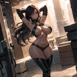 ai_generated armpits big_breasts bikini cixf huge_breasts league_of_legends long_hair navel riot_games sivir thick_thighs thighhighs