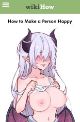 absurdres ahyra ara_ara blush breasts clothes_lift commentary curvy demon demon_girl demon_horns demon_wings english_commentary fangs female highres horns indie_virtual_youtuber large_breasts lipstick long_hair makeup mature_female meme naughty_face nipples non-web_source pointy_ears second-party_source shirt_lift solo virtual_youtuber vozmad white_hair wikihow wings