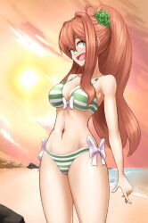 1female 1girls 5_fingers bare_shoulders bikini bikini_bottom bikini_top bow breasts cleavage doki_doki_literature_club female female_only girl green_eyes green_hair_ornament hair_intakes hair_ornament human human_only long_hair monika_(doki_doki_literature_club) navel only_female open_mouth sirdusterbuster striped_bikini two_tone_bikini