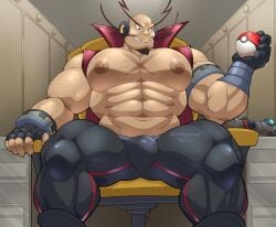 bara black_pants brown_hair facial_hair gonzap male_only pectorals pokeball pokemon pokemon_colosseum pokemon_xd sitting sitting_on_chair