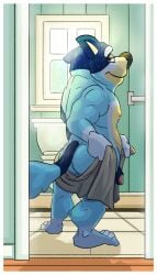 2021 anthro ass australian_cattle_dog bandit_heeler bathroom biped blue_body blue_fur bluey_(series) border brokowski canid canine canis cattledog digital_media_(artwork) domestic_dog eyebrows foreskin fur genitals glans herding_dog humanoid_genitalia humanoid_penis inside male mammal nipples pastoral_dog penis retracted_foreskin smile solo standing tail toilet towel white_border yellow_body yellow_fur