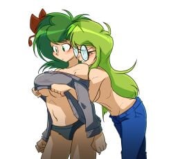 2girls assisted_exposure assisted_undressing breasts emeruga female female_focus focus_on_human girl glasses green_eyes green_hair hair_ornament human human_focus human_only lifting lifting_shirt medley_(lenoxmst) multiple_girls panties shirt_lift shirt_lifted_by_another underboob