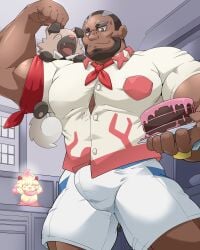 alcremie bara cake dark-skinned_male dark_skin facial_hair iwanko maldu male male_only mawhip melanin murdock_(pokemon) muscles muscular muscular_male pokemon pokemon_(anime) pokemon_horizons rockruff