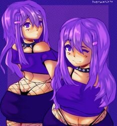 1girls artist_name ass back back_view behind_view black_panties black_thong breasts butt collar doki_doki_literature_club female female_focus female_only fishnets girl human human_focus navel one_eye_closed panties peppermintjello purple_background purple_eyes purple_hair skirt solo_female sour_yams spiked_collar thong wink winking winking_at_viewer yuri_(doki_doki_literature_club)