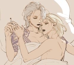 2girls after_sex aftercare black_lipstick blonde_hair cigarette cuddling in_bed langley_(path_to_nowhere) multiple_girls path_to_nowhere silver_hair size_difference tattooed_arm tattoos tomboy yuri zoya_(path_to_nowhere)